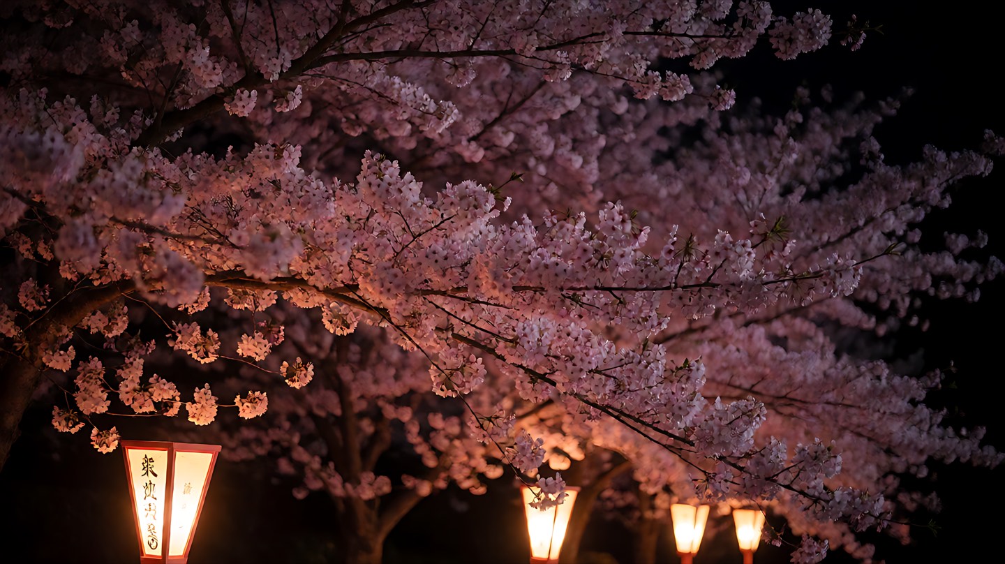 夜樱：灯笼的暖光打在花上，背景是干净的纯黑。