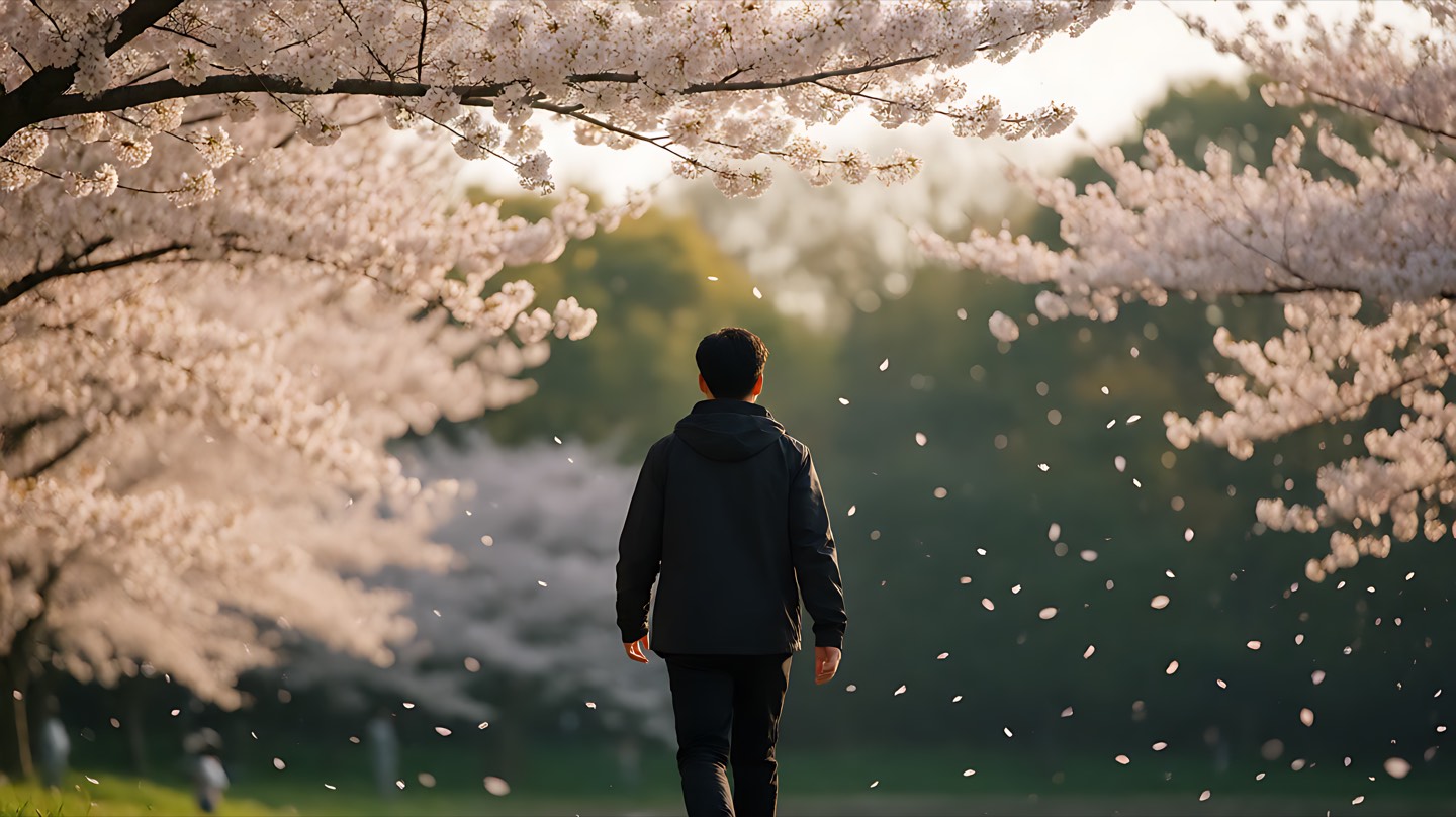 一个人的背影走在樱花树下，人在画面里占比很小